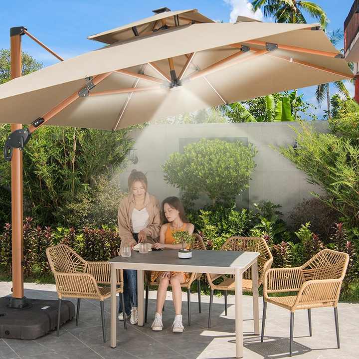 2024 unique 100mm aluminum wood grain powder coated pole patio umbrella outdoor parasol umbrella with stable 200KG water base