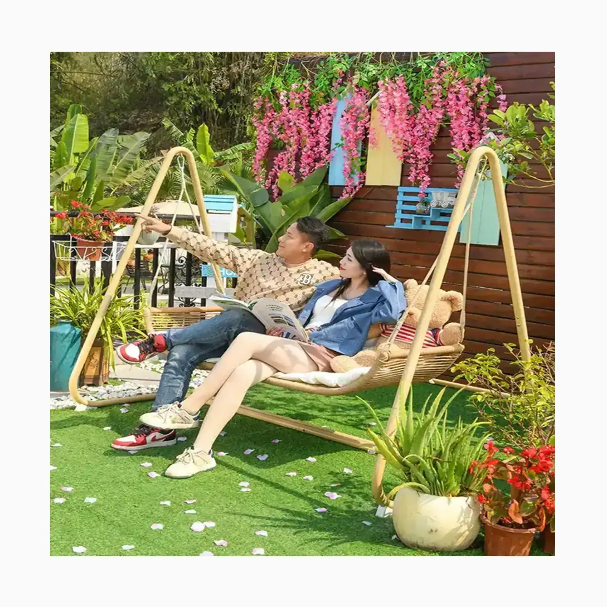 modern stylish swing chair outdoor balcony leisure durable two-seater hanging rattan rope woven swing