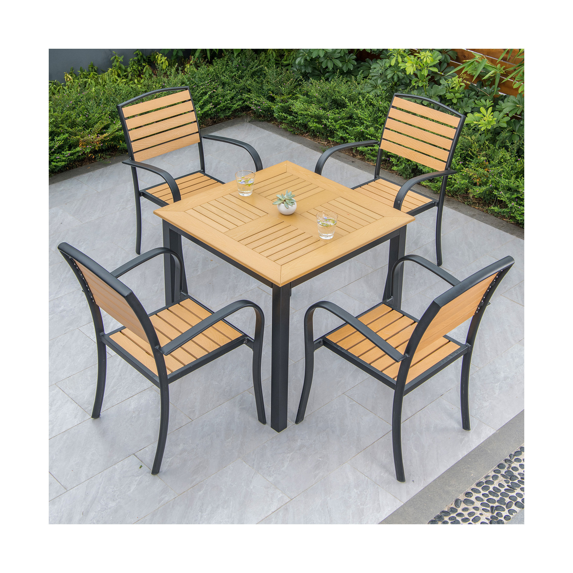 2023 New design  Wood Plastic Table Sets Plastic Patio Garden Dinner Chairs Outdoor Furniture