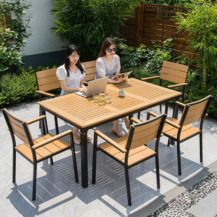 outdoor patio table set 6 8 seaters all-weather resistant wood plastic composite table chair for restaurant