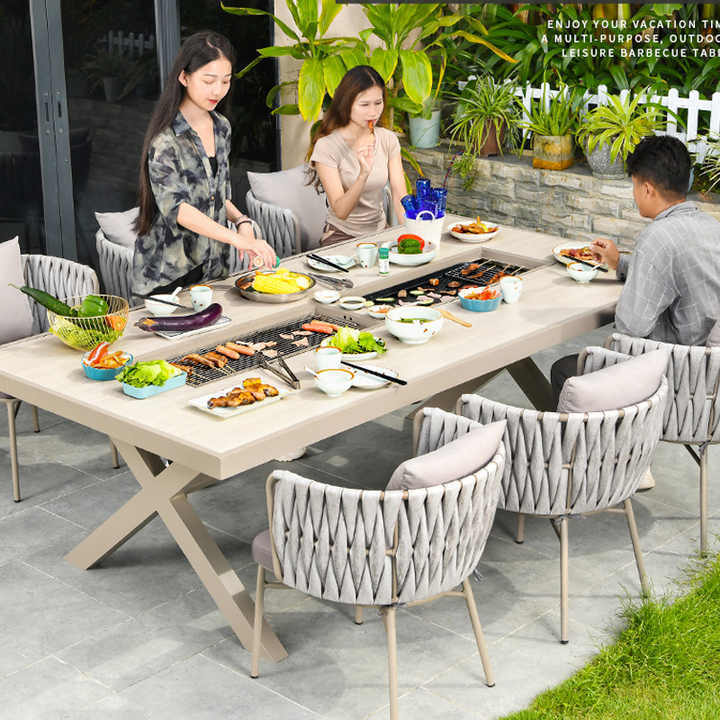 Waterproof easy clean outdoor aluminum die casting dinning Picnic barbecue grill table BBQ cast aluminum fire pit table