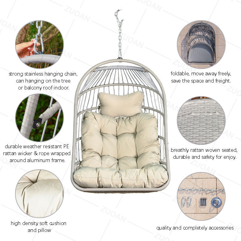 Indoor Outdoor Furniture Garden Adult Hanging Egg Swing Chair With Metal Stand Wicker Rattan Outdoor Swing