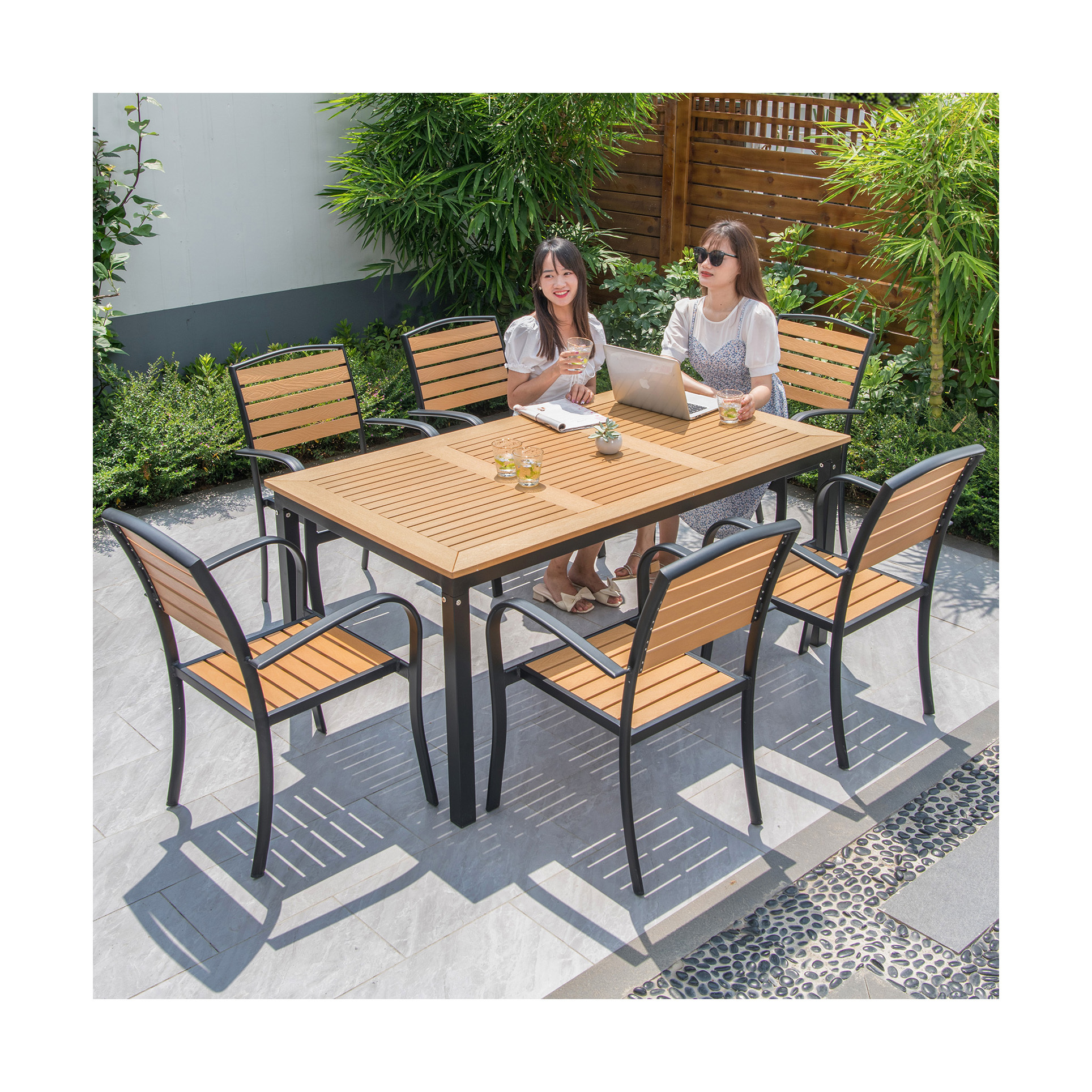 [ZUOAN IMPRESSIVE]Amazon Hot Sell New Plastic Wood And Aluminum Frame Table Set Stack Chairs Outdoor Furniture