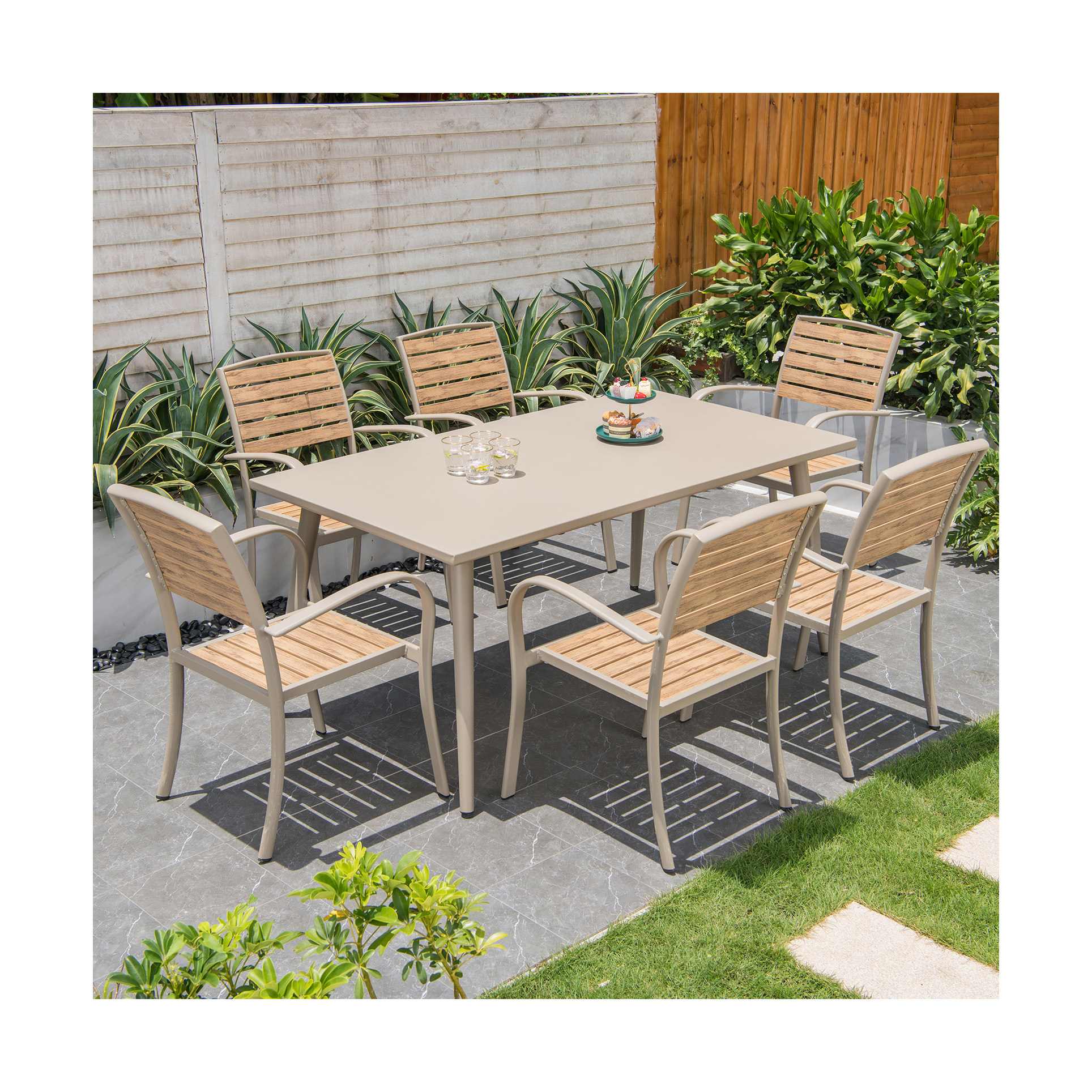 [ZUOAN IMPRESSIVE]Amazon Hot Sell New Plastic Wood And Aluminum Frame Table Set Stack Chairs Outdoor Furniture