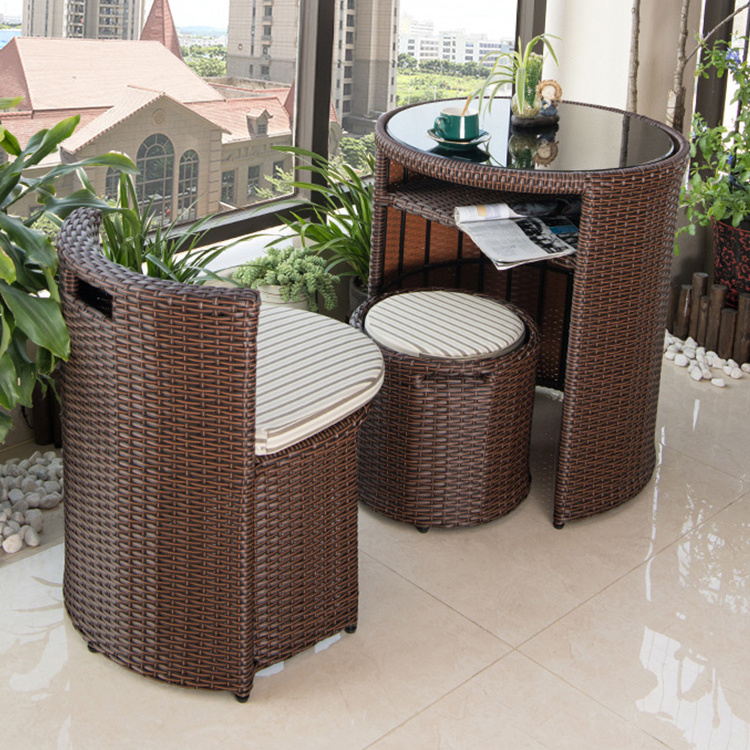 Balcony rattan bistro 3 Pieces coffee table round shape with chair footrest Rattan / Wicker Furniture Sets