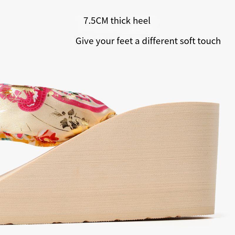 Bohemian Silk Herringbone Slippers Summer Slope Heel Thick Sole Anti Slip High Heel Beach Women'S Sandals