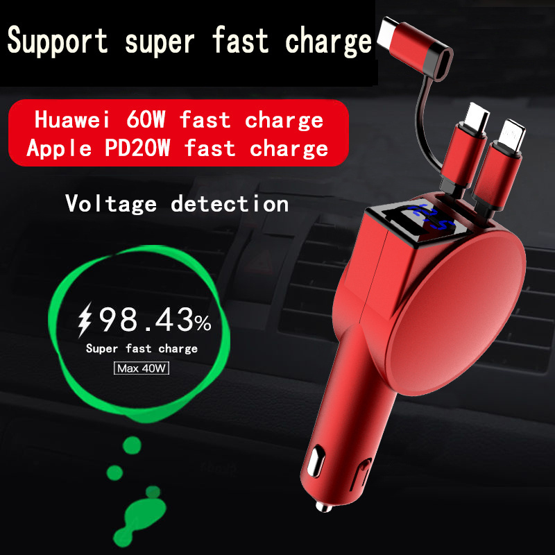 LED display mobile phone type c USB fast charge retractable car charger with 3 in 1 retractable usb cable