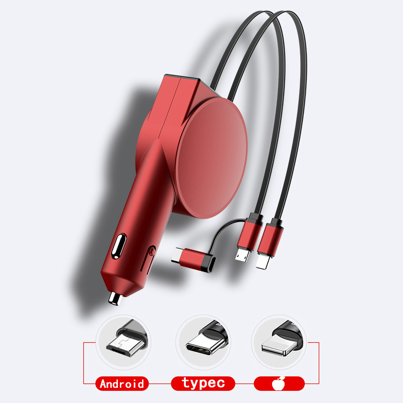 LED display mobile phone type c USB fast charge retractable car charger with 3 in 1 retractable usb cable