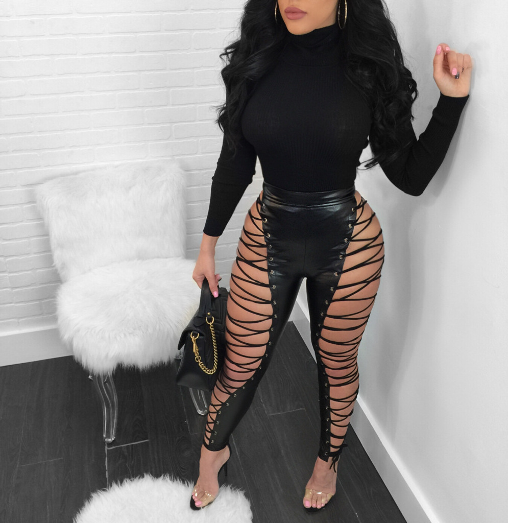 Club Outfits For Women Sexy Ties High Waist Leggings Black Leather Pants Women Trousers