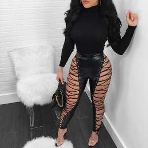 Club Outfits For Women Sexy Ties High Waist Leggings Black Leather Pants Women Trousers