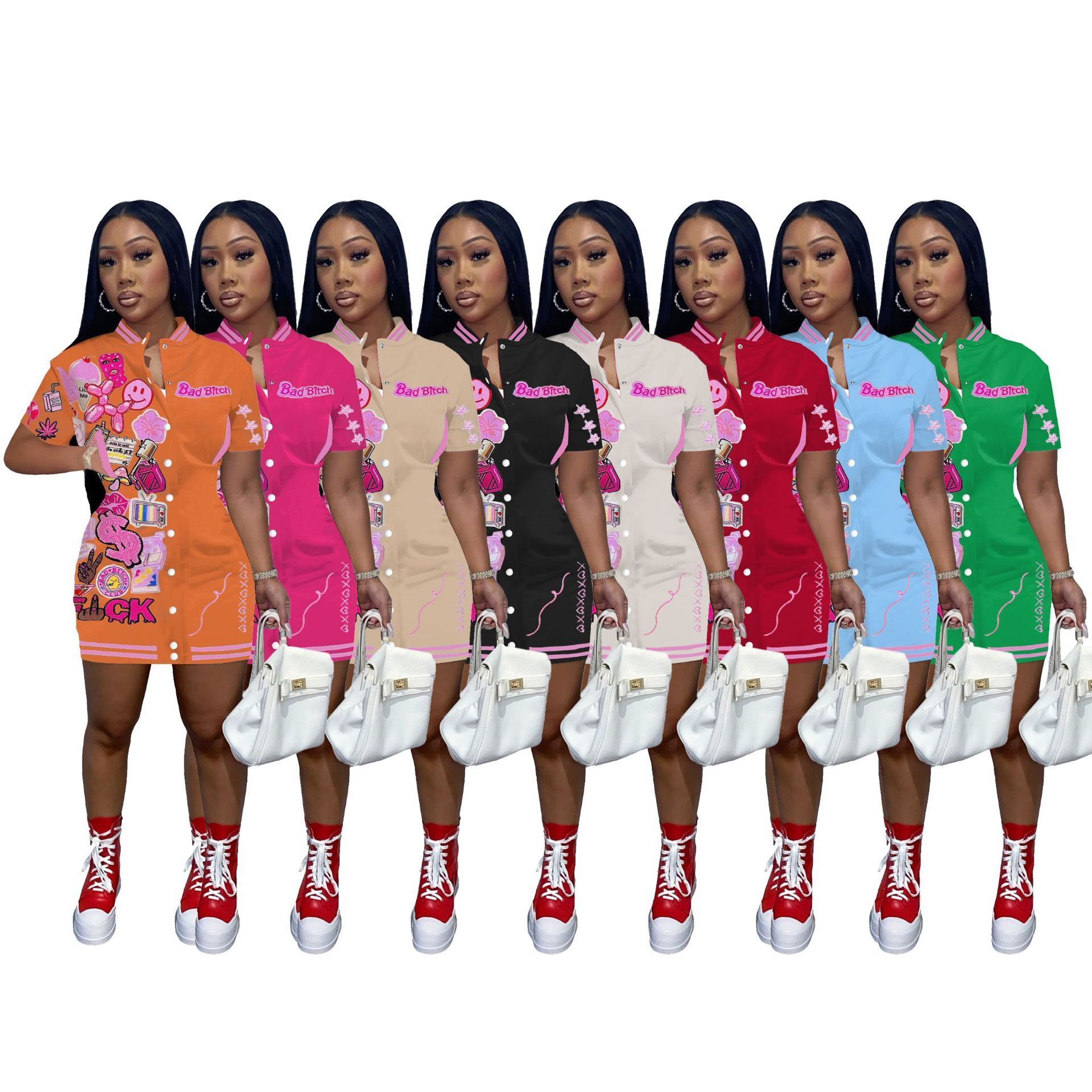 Button thread printed club baseball jersey dresses sexy tight women sports short sleeve dress