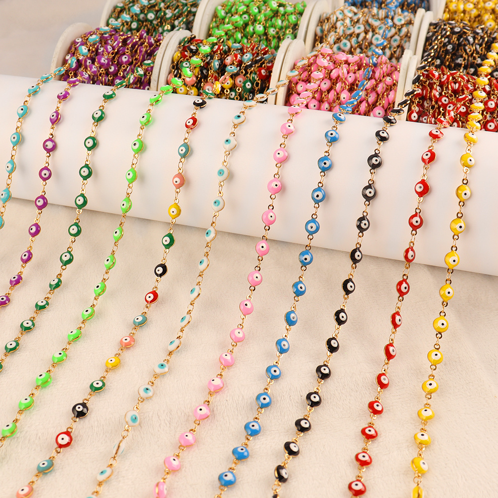 1 Meter Stainless Steel Turkish Blue Eye Chain For Jewelry Making Supplier Colorful Beaded Eye Evil Chain DIY Necklace Bracelet