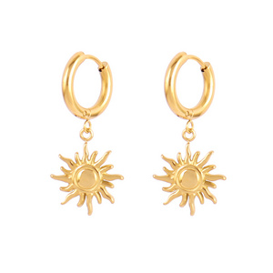 Engraved Sun Face Drop Earrings Women 18K Gold Plated Stainless Steel Dangle Hoop Earring No Tarnish waterproof Jewelry