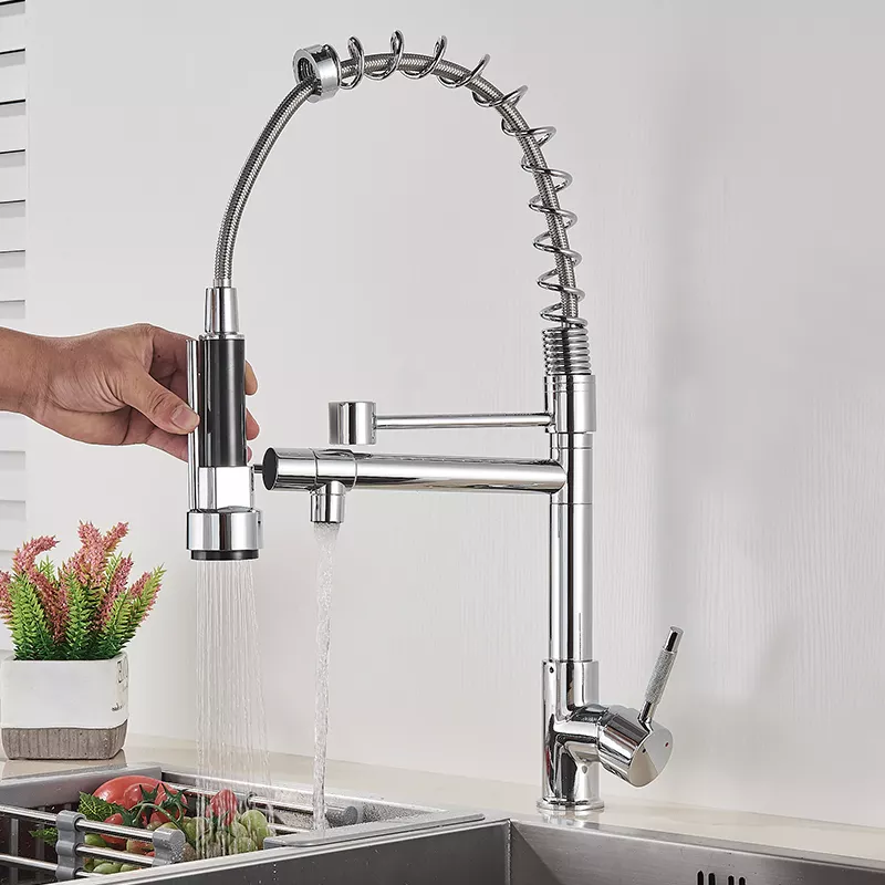 ZW Brass Dual Handles Kitchen Sink Faucets Two Ways Filter Taps Pull Out Kitchen Faucets