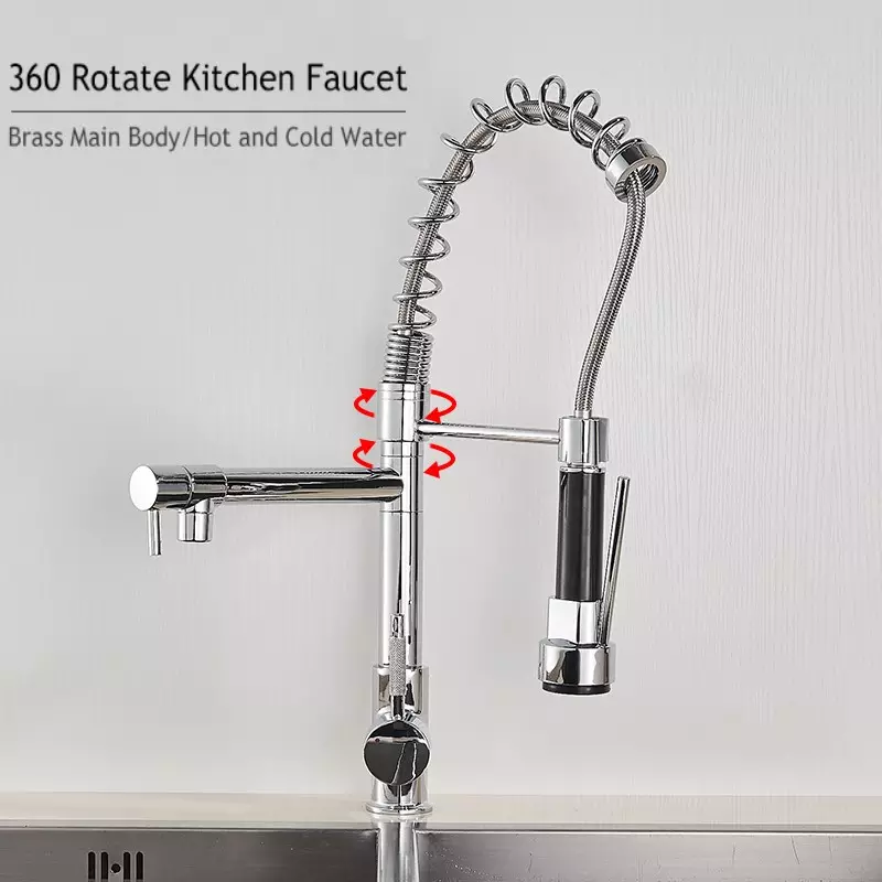 ZW Brass Dual Handles Kitchen Sink Faucets Two Ways Filter Taps Pull Out Kitchen Faucets