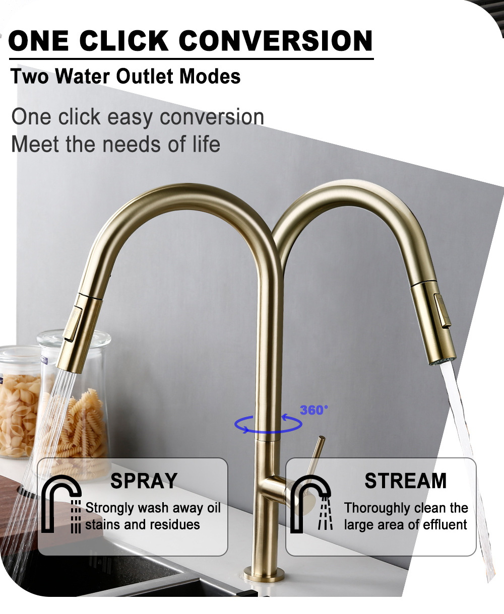 Brass Brushed Gold Black 360 Oegree Rotation kitchen Hot And Cold Water Sink Taps Pull Out Spout Kitchen Faucet