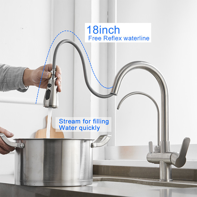 Commercial Kitchen Faucet with Dual Function Pull Down Sprayer, 3 in 1 Water Filter Purifier Faucet, Mixing Faucet with Hoses