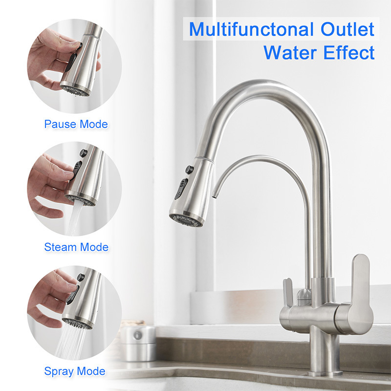 Commercial Kitchen Faucet with Dual Function Pull Down Sprayer, 3 in 1 Water Filter Purifier Faucet, Mixing Faucet with Hoses