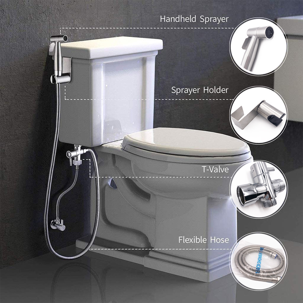 Handheld Toilet Bidet Faucet Sprayer Stainless Steel Bathroom Hand Bidet Set Toilet Self Cleaning Shower Head No Punch