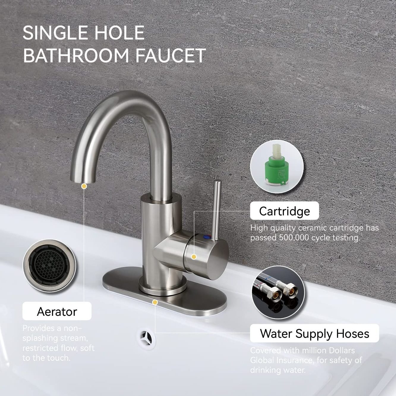 Swivel Spout Bathroom Sink Faucet with Pop-up Drain with Overflow and Supply Hose,Bar Sink Faucet,Small Kitchen Faucet Tap