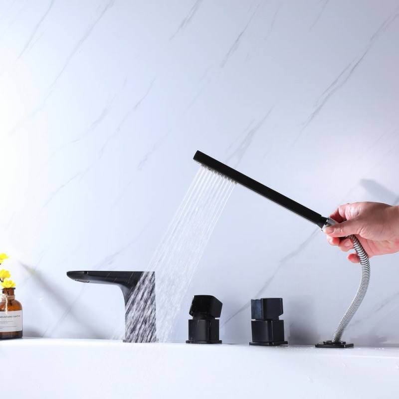 Deck mounted bathroom bathub faucet matte black hot cold water mixer tub faucet with hand held shower head