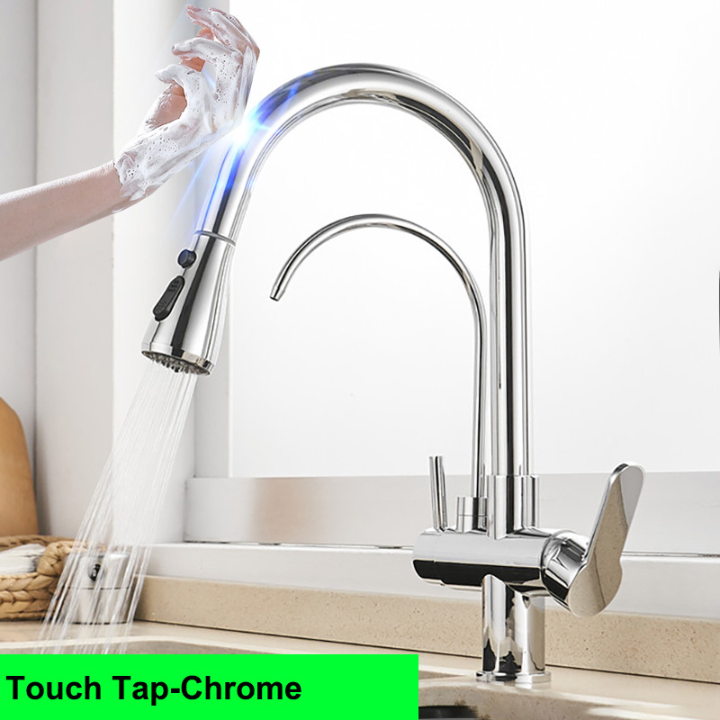 Grey Touch Filter Mixer Tap Solid Brass Hot Cold Kitchen Fixture Pull Out Taps Smart Sensor Touch Kitchen Faucet