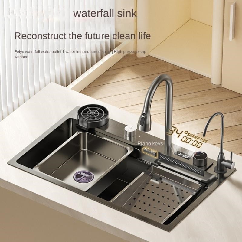 Top1 Waterfall Sink Kitchen Sink Stainless Steel Dishwashing Basin Multi-Function Large Single Tank Kitchen Novel Kitchen Faucet