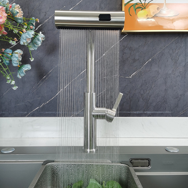 New Arrival Style 304 Stainless Steel Waterfall Matte Black Kitchen Mixer Sink Faucet With Pull Down Sprayer