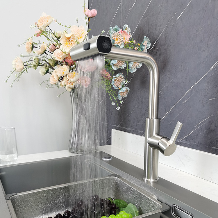 New Arrival Style 304 Stainless Steel Waterfall Matte Black Kitchen Mixer Sink Faucet With Pull Down Sprayer