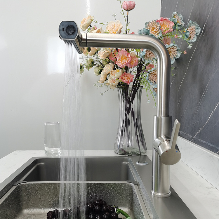 New Arrival Style 304 Stainless Steel Waterfall Matte Black Kitchen Mixer Sink Faucet With Pull Down Sprayer