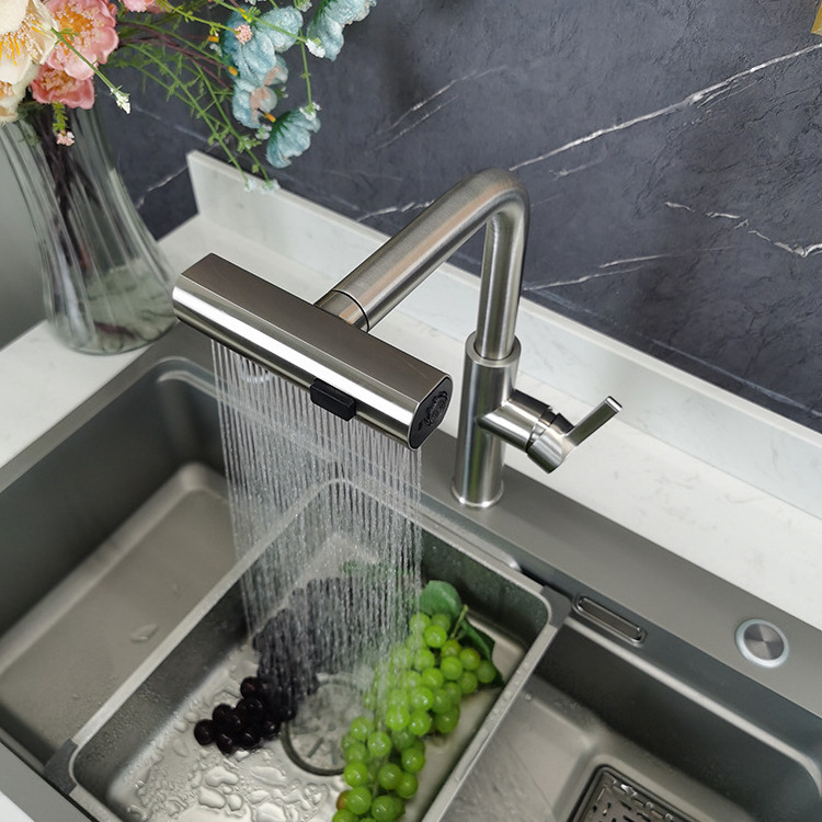 New Arrival Style 304 Stainless Steel Waterfall Matte Black Kitchen Mixer Sink Faucet With Pull Down Sprayer