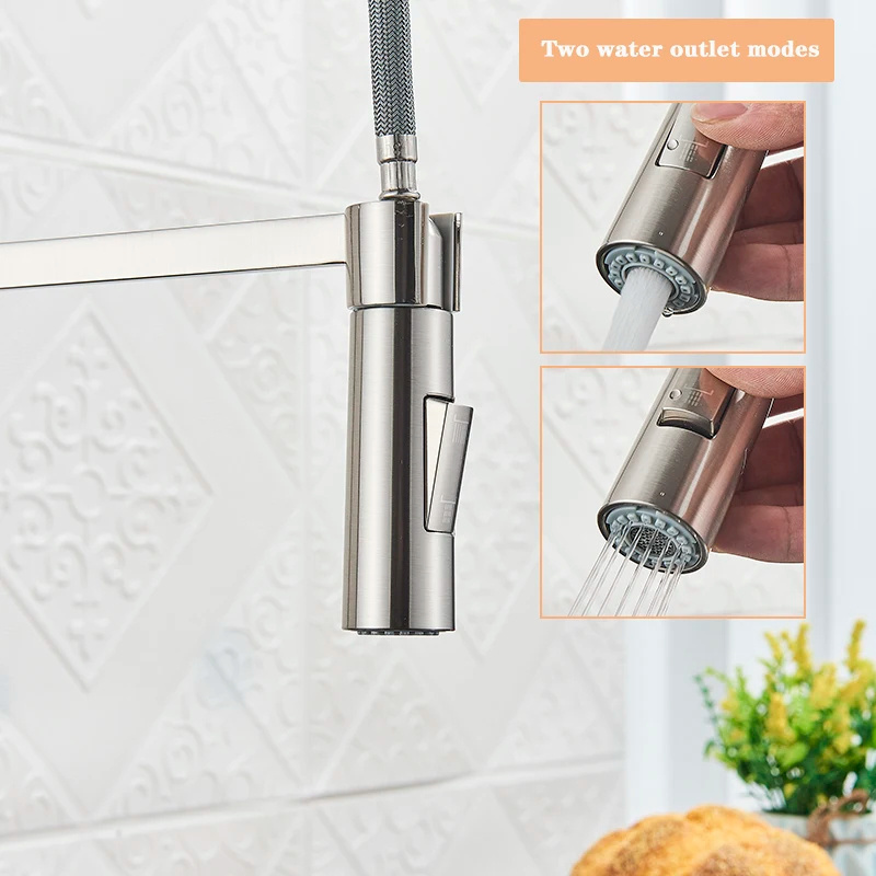 Brush Brass Faucets for Kitchen Sink Single Lever Pull Out Spring Spout Mixers Tap Hot Cold Water Crane Kitchen Faucets