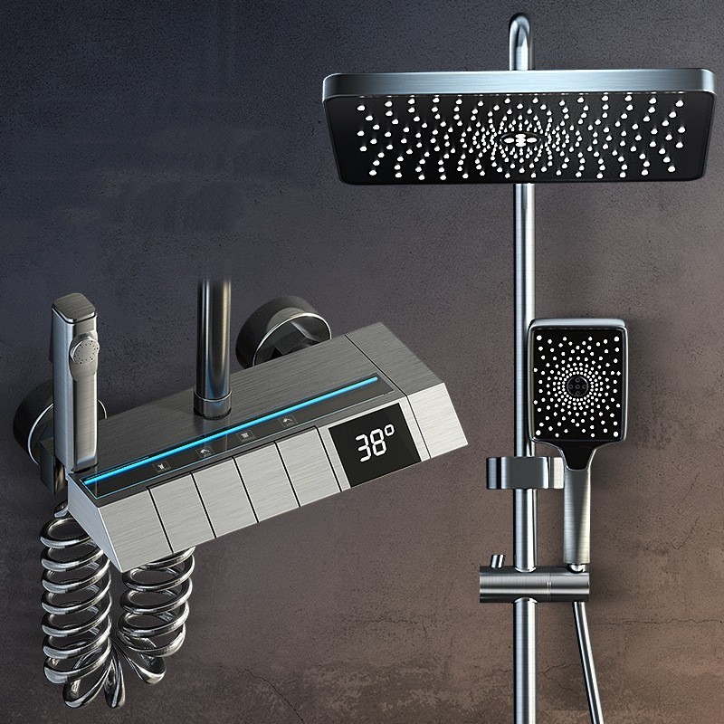 Top1 Piano Key Gray Bathroom Digital Display Faucet Shower System Set Bathtub Hot and Cold 4 Functions Tap Smart Shower Set