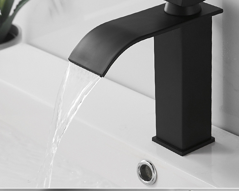 Waterfall Bathroom Sink Faucet Single Lever Black Brass Hot And Cold Basin Washing Taps