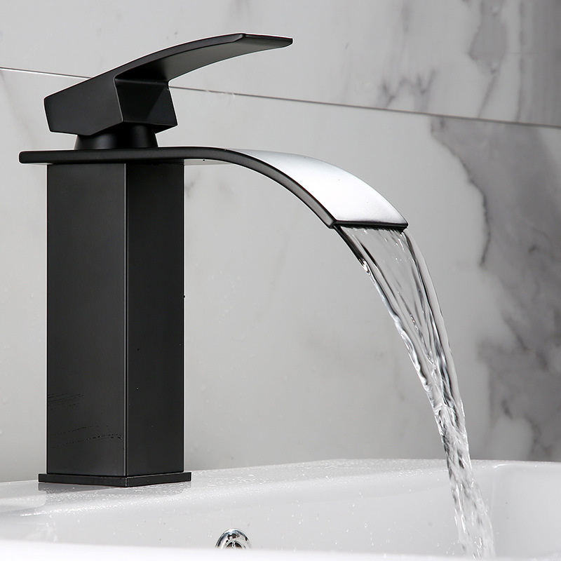 Waterfall Bathroom Sink Faucet Single Lever Black Brass Hot And Cold Basin Washing Taps