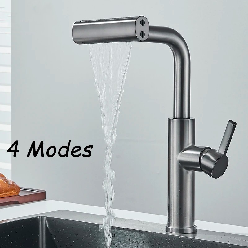 4 Modes Kitchen Faucet Gray Pull Out Waterfall Stream Sprayer Head Sink Mixer Brushed Nickle Water Tap Accessories