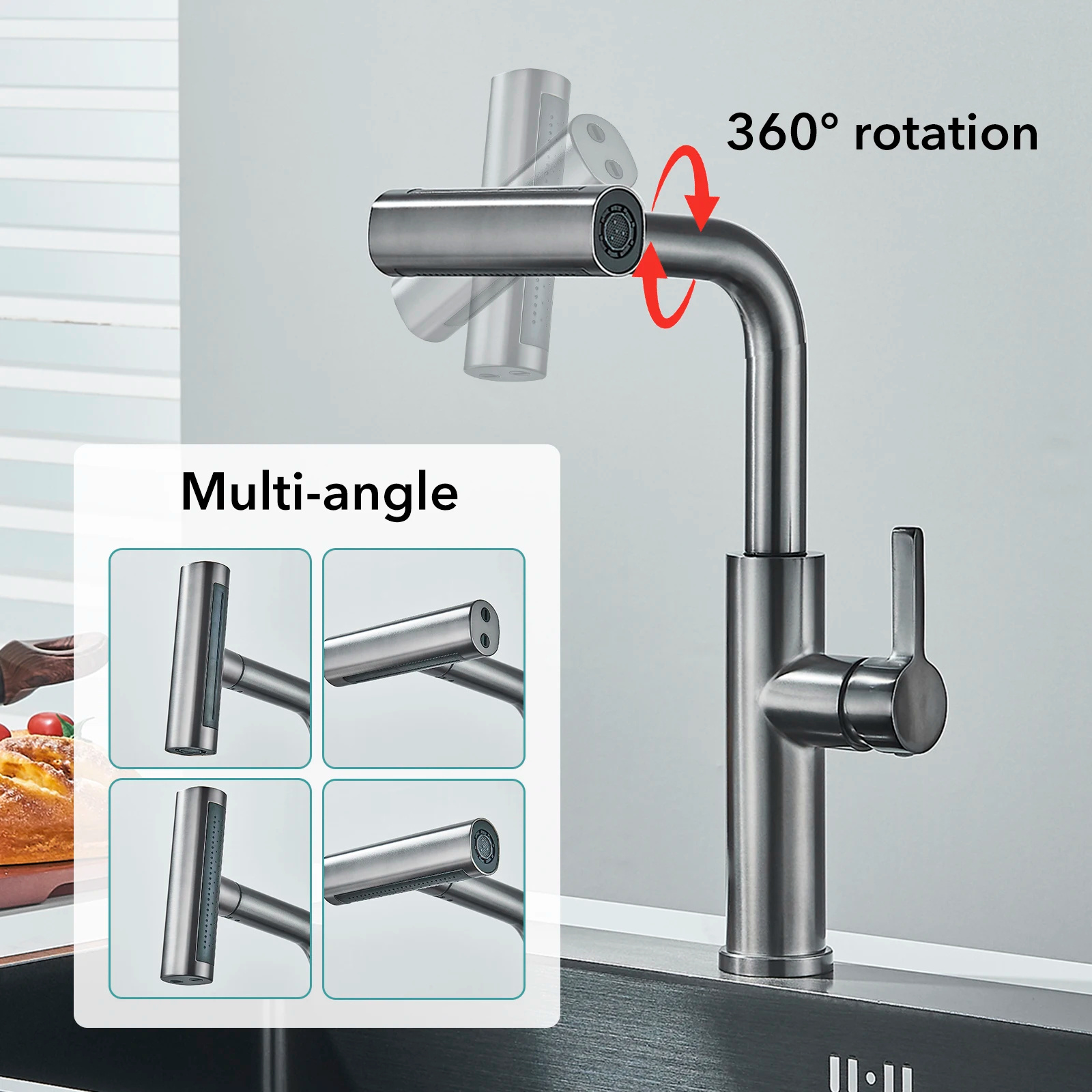 4 Modes Kitchen Faucet Gray Pull Out Waterfall Stream Sprayer Head Sink Mixer Brushed Nickle Water Tap Accessories