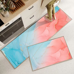 Simple and fresh kitchen floor mat that absorbs water, oil, and dirt. The mat is washable and machine washable