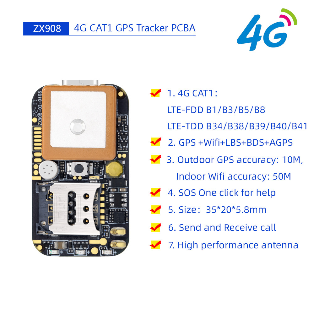 World smallest LTE CAT-1 4G GPS tracking chip ZX908 GPS tracker PCB module for developing mini 4G GPS trackers