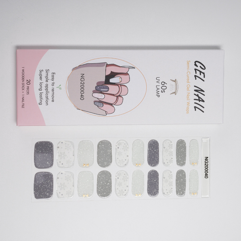 2023 New Style Custom Logo 20pcs Semi-Cured Gel Nail Sticker UV Nail Art Decals Gel Nail Wrap with File