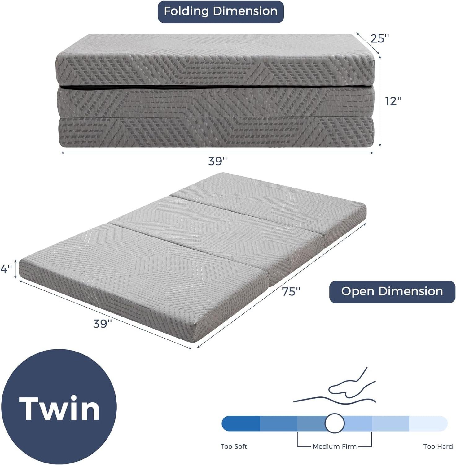 Folding Mattress Twin Size, 4 Inch Tri-Fold Memory Foam Mattress, Foldable Gel-Infused Mattress