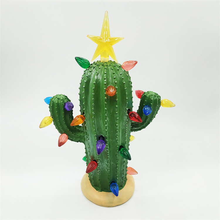 Hot Selling Resin Ornament Ceramic Christmas Cactus with Light Decorations for Party Novelties and Holiday Decor