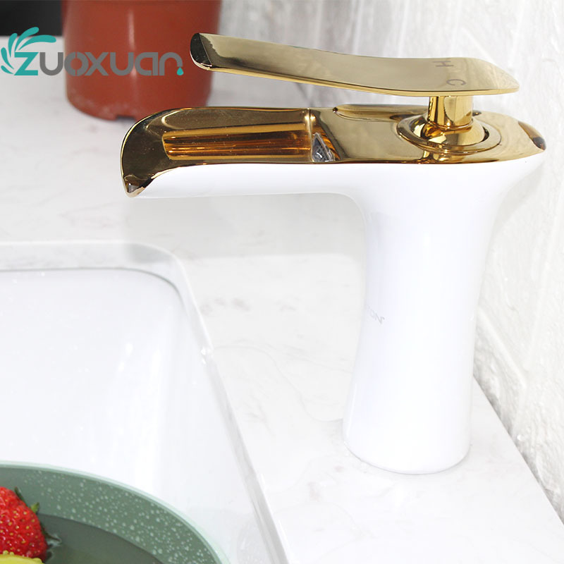 ZuoXuan Sanitary Ware Sink Mixer Artistic White Gold Chrome Waterfall Bathroom Brass Wash waterfall faucet