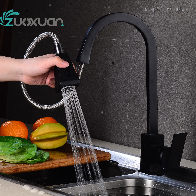 China Kitchen Wares Flexible Black Silicone Tube Pull Out Kitchen Sink Mixer Tap LED Light Water Faucet