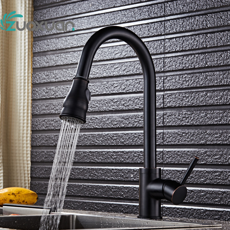 304 black Pull Down spray Kitchen Faucet Wholesale New Brass 360 Swivel Pull Out Spray Gooseneck Sink Mixer Tap