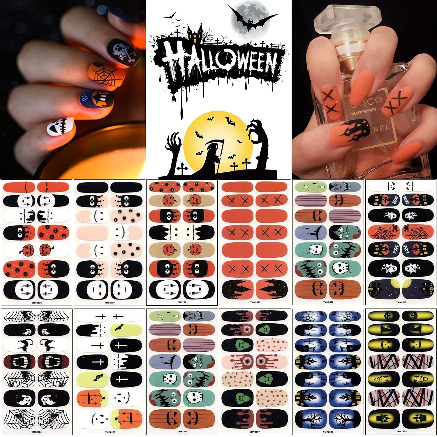 Halloween Nail Wraps Self-Adhesive Nail Art Decals Polish Sticker for Women Girl Halloween Party with Bat Ghost