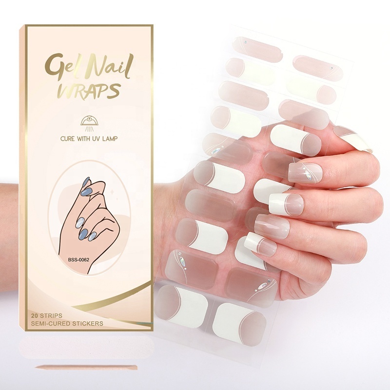 2024 Korean Flower Pattern Nude Color Real Gel Semi Cured Nail UV Sticker Non-Toxic 3D Nail Glue Art Strips Sticker Custom Logo