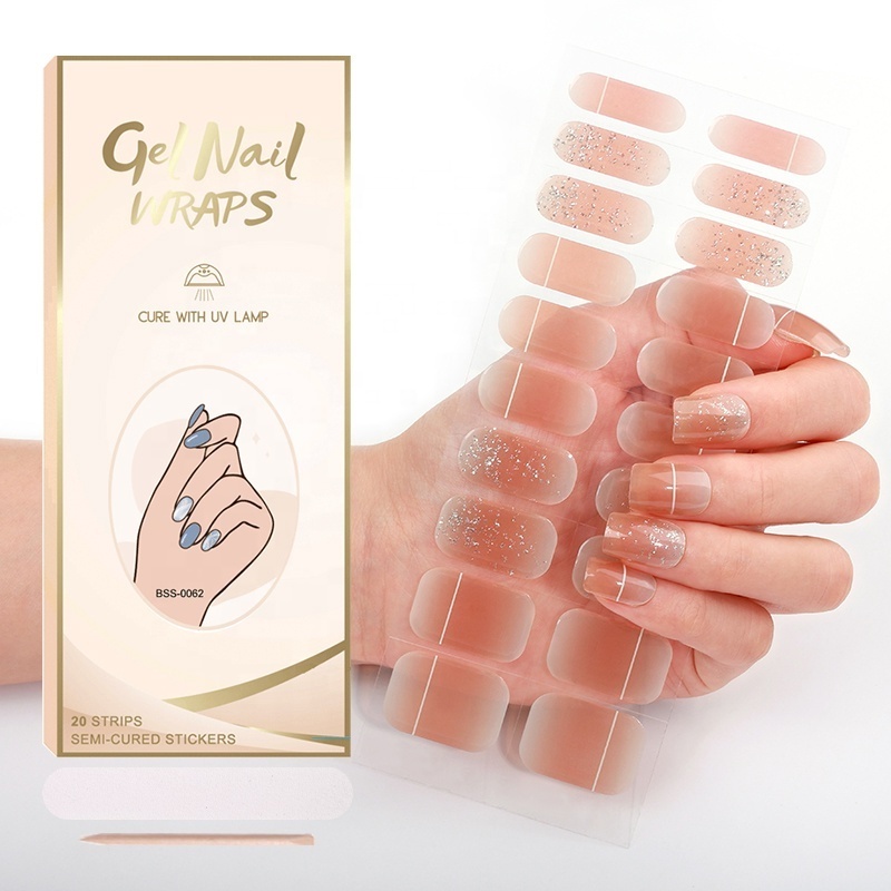 2024 Korean Flower Pattern Nude Color Real Gel Semi Cured Nail UV Sticker Non-Toxic 3D Nail Glue Art Strips Sticker Custom Logo