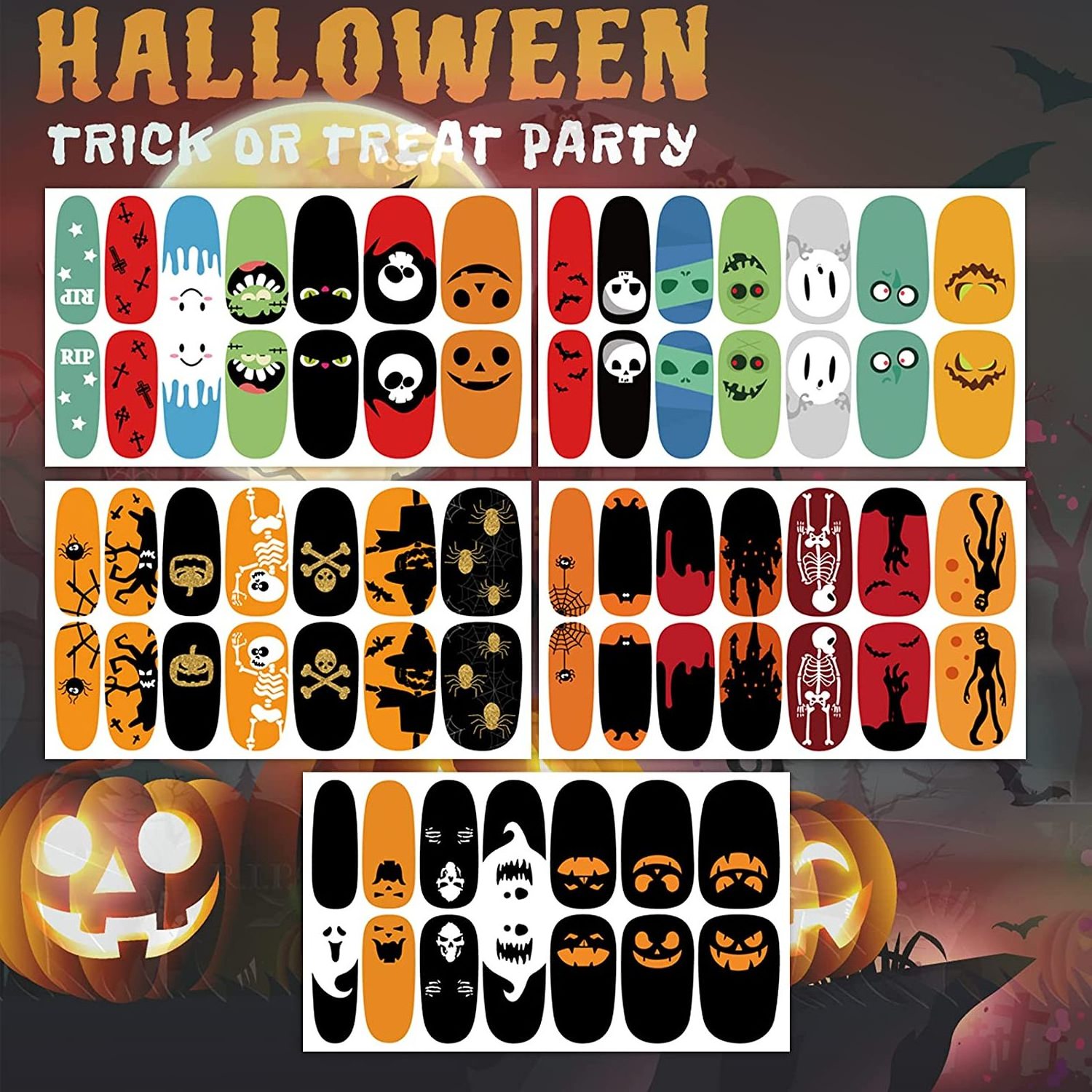 Halloween Nail Wraps Self-Adhesive Nail Art Decals Polish Sticker for Women Girl Halloween Party with Bat Ghost