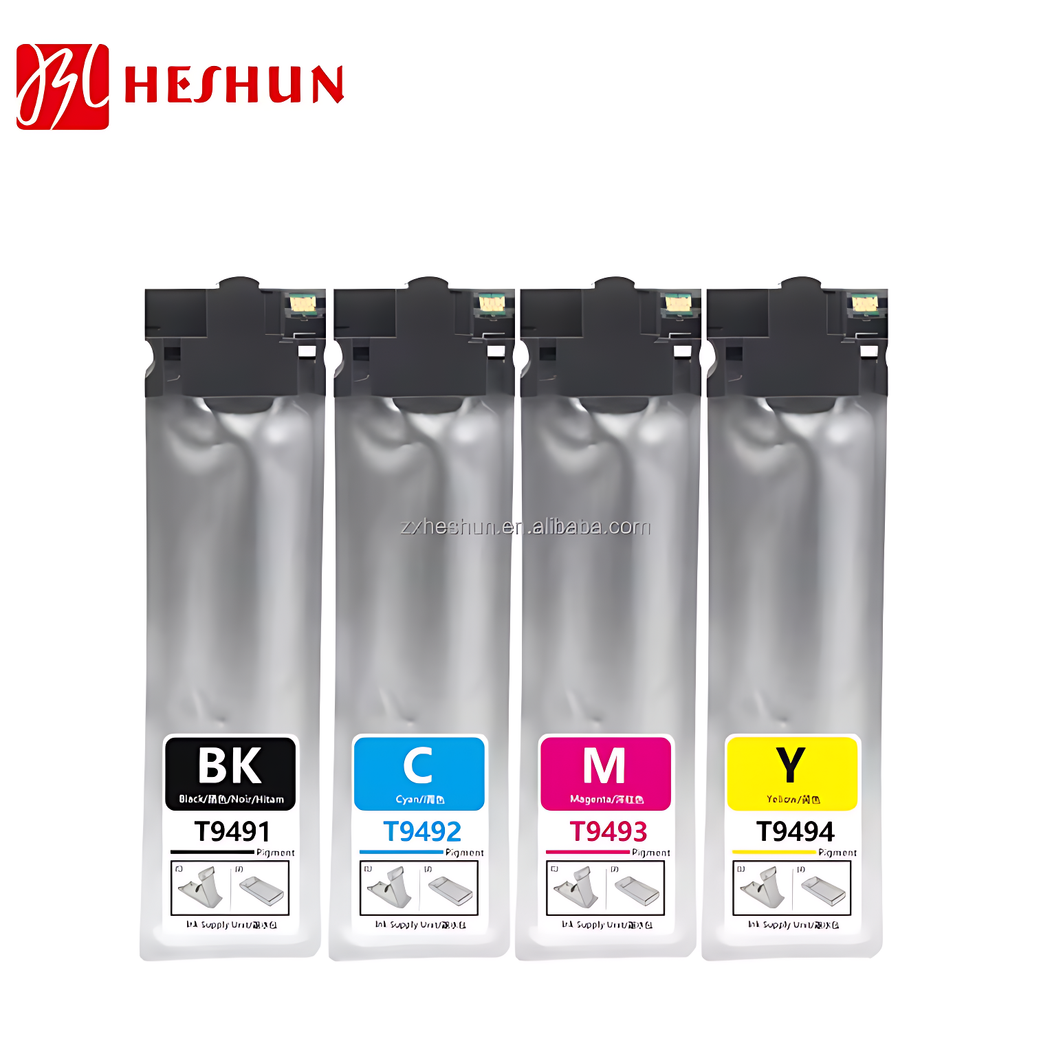 Heshun Compatible T9491 T9492 T9493 T9494 Ink Bag Cartridge For Use In Epson Workforce Pro Wfc5790 Wfc5290a Ink